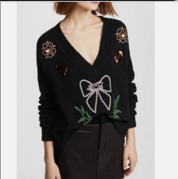 Wildfox Black Sweater with Embroidered Bow and Floral Accents - Picture 4 of 5